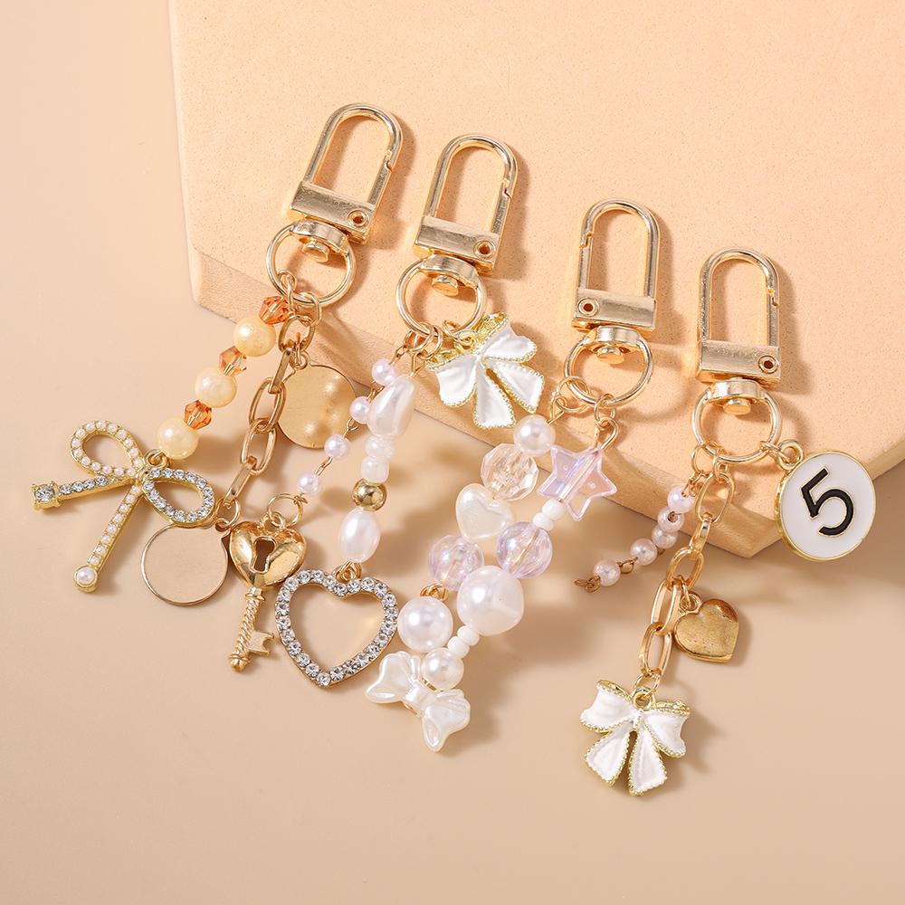 Cute Bowknot Love Heart Keychain Women Girl Pearl Beaded Key Ring Pendants for Handbag Decor DIY Handmade Key Chain Gift