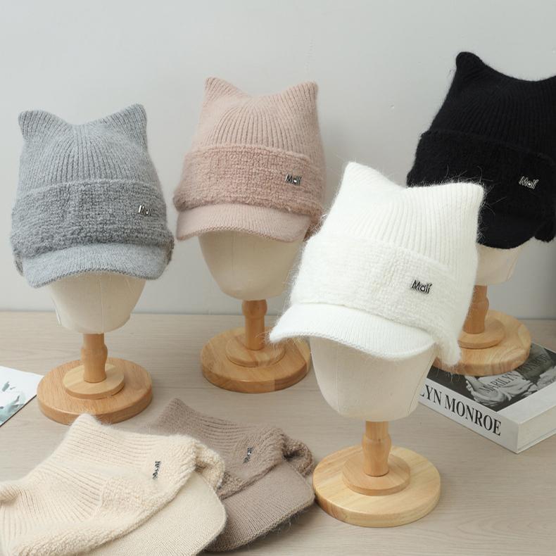 Winter Cat Ear Hat Women's Fleece Thickened Cold-proof Wool Hat Warm Ear Protection Knitted Casual Cap