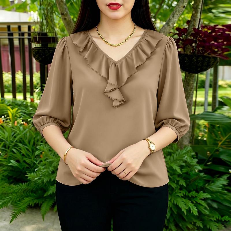 ZANZEA Women Ruffles V-Neck Solid Color Loose 3/4 Sleeve Blouse
