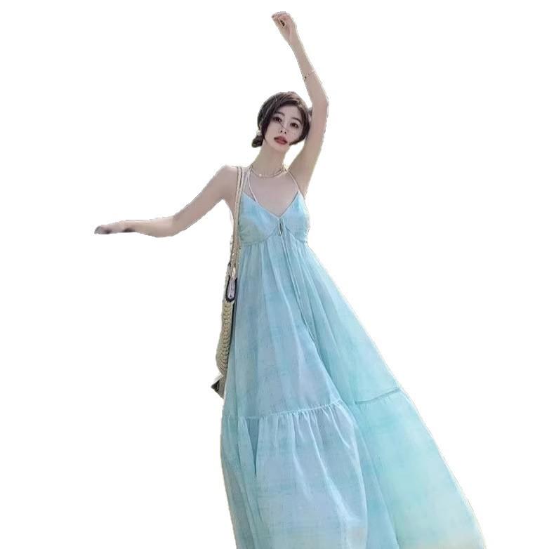 French Temperament Backless Seaside Vacation Style Blue Neck Sling Dress, Children's Waist and Thin New Long Dress