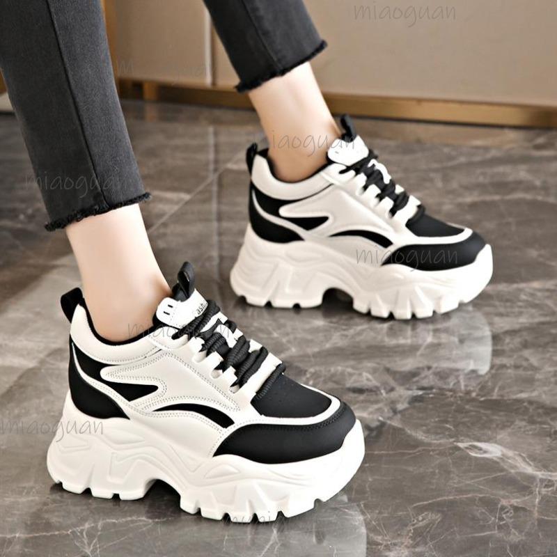 Chunky Sole Platform Sneakers Women's Lace-Up Thick Bottom Vulcanzied Shoes Female Pu Leather Non-Slip Sports Shoes Woman