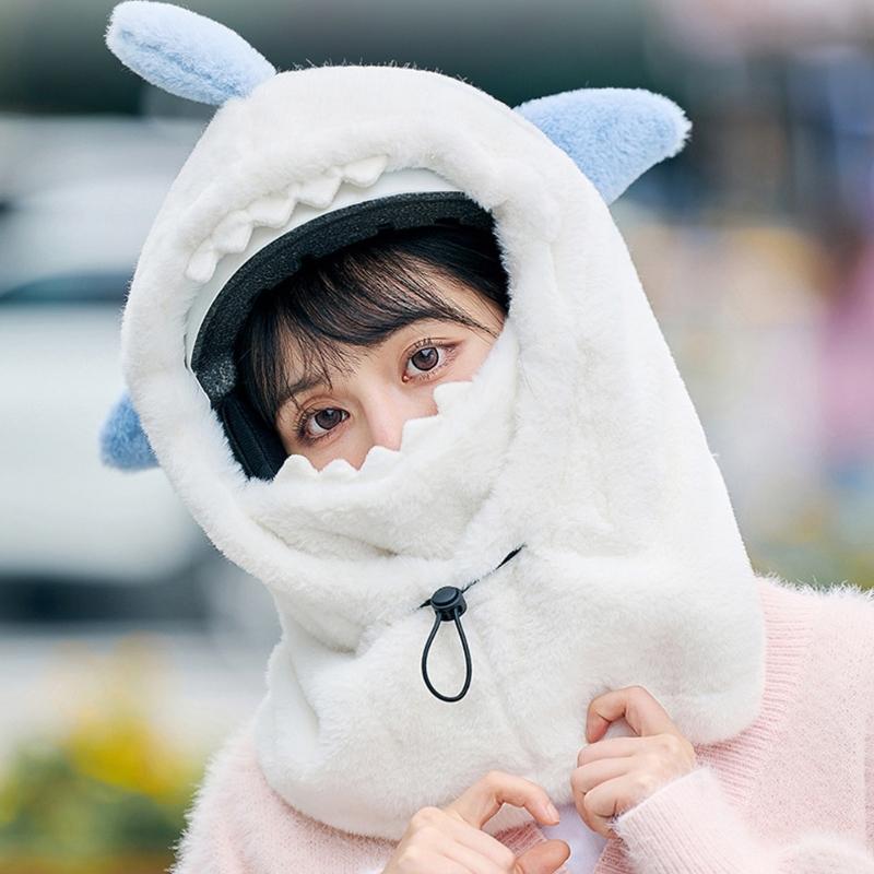 Lovely Plush Shark Ski Helmets Cover Thicken Warm Winter Hooded Head Protective Mask Hat for Men and Women Outdoor Sport