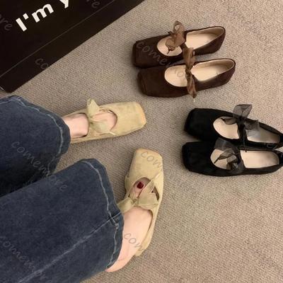 Fashion Comemore Französischer Retro-Stil Ballett Einzelne Schuhe Damen Quadratische Spitze Weiche Sohle Mary Jane Schuhe Einfarbig Schnürer Lässige Ballerinas