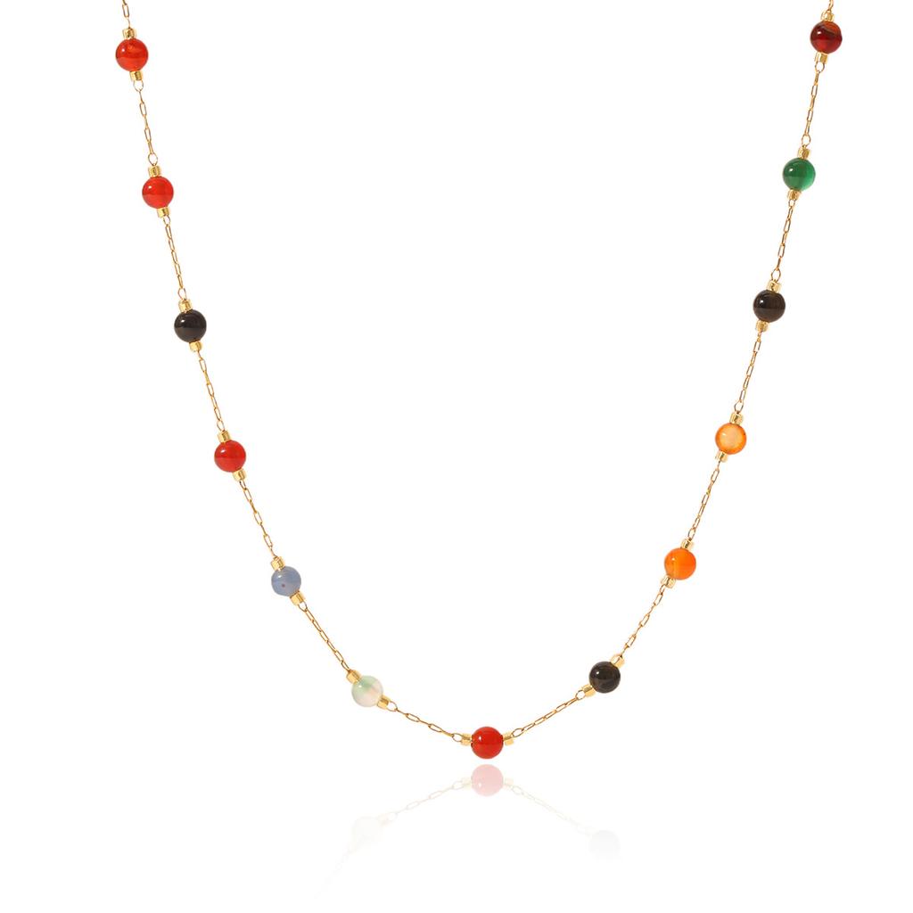 Dopamine Colorful Beaded Natural Stone Round Bead Collarbone Necklace For Women