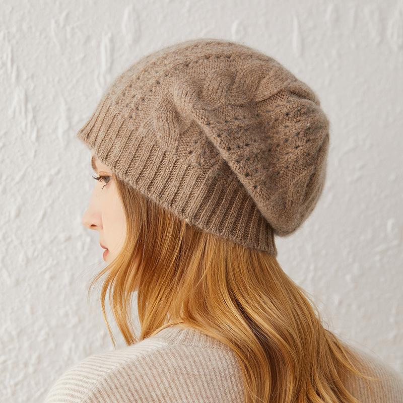 Cashmere Autumn and Winter New Women's High-End Solid Color Twist Hollow Warm Fashionable Knitted Casual Baotou Hat