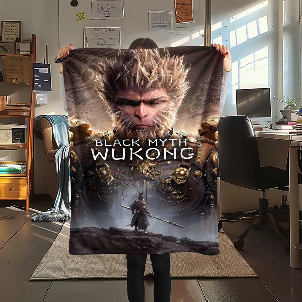 1Pc Black Myth Wukong Print Flannel Blanket, High quality Comfortable for All Seasons, Home Decor, Warmth and Comfort, Perfect for Gifts