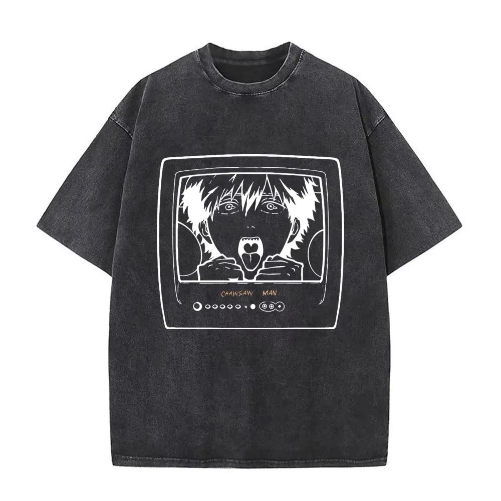 Washed Vintage Anime Chainsaw Man Reze Graphic T-shirt Men Women Manga Casual Streetwear Men's Retro Cotton T Shirts