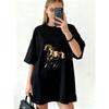 Oversized T Shirt Dress Black Golden Horse Print Casual Streetwear Fashion Statement Piece For Women Daily Wear And Outings