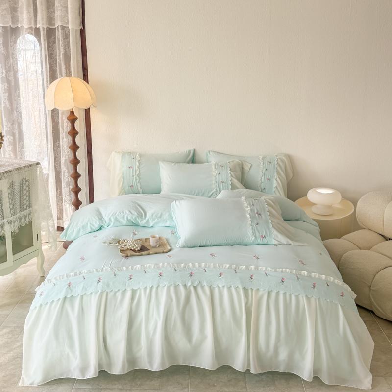 Ins Princess Style Bedding Sets Ruffle Lace Bow Quilt Cover Romantic Bedclothes Decor Woman Girls Bedroom Duvet Cover 4pcs