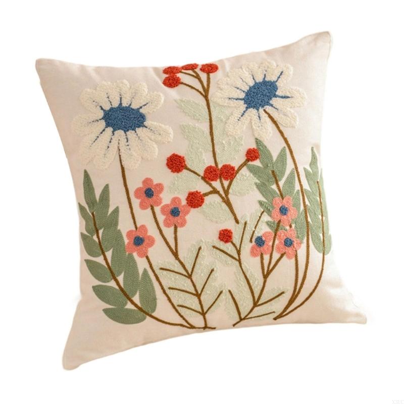 Pillowcase Flower Embroidered Canvas Cotton Pillowcase Soft Breathable Cushion Cover For Sofa Bedroom Home Decoration X3UC