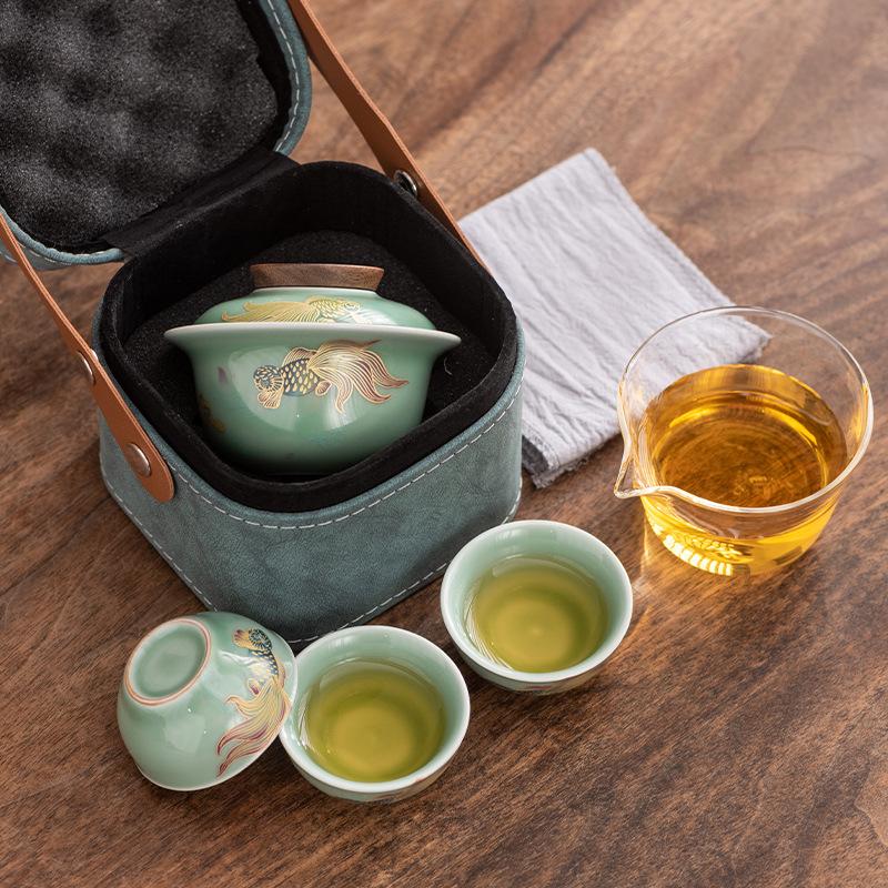 Celadon Travel Tea Set Portable Storage Outdoor One Pot Three Cups Car Tea Small Set Business Souvenir