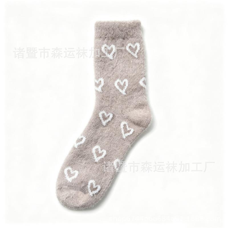 Autumn and Winter Socks Female Mink Velvet Full of Love Plush Cute Sweet Medium Tube Socks Thickened Warm Home Sleeping Socks