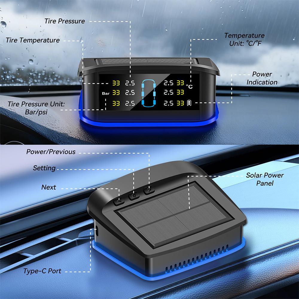 Monitoring system security alarm solar TPMS digital LCD display truck RV TPMS with indicator light warning car tire pressure alarm 6 external sensors