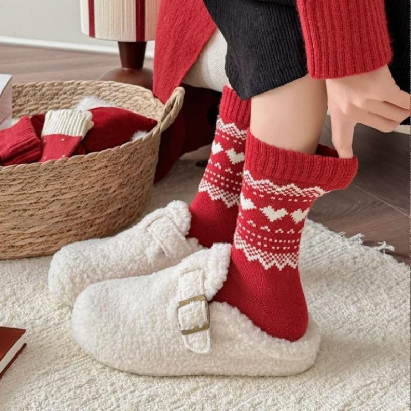 Wool Socks - Children's Autumn and Winter Red Thick and Warm Sleeping Socks, New Year Floor Stockings