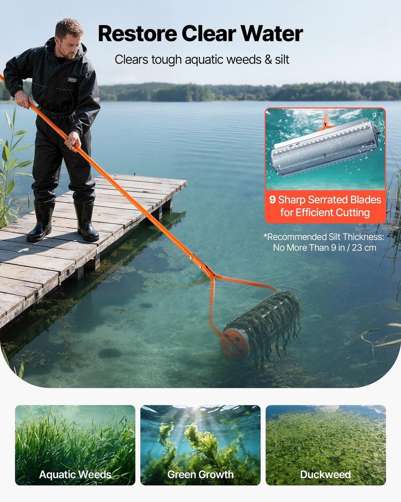 Lake Weed Roller, 5.49 M Lake & Pond Weed Removal Tool, Muck Razer Aquatic & Sludge Tiller, Rid Roots and Muck Buildup, 6 Preassembled Stainless Steel
