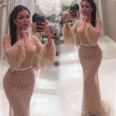 Women Elegant Round Neck Long Sleeves Pearl Kaftan Middle East Bride Bridesmaids Wedding Long Dress Gorgeous Party Maxi Ball Gowns