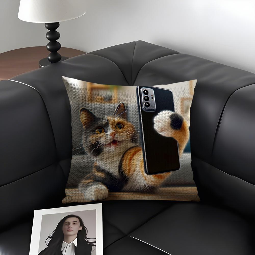 Cute Cat Playing Phone Cushion Cover Natural Linen Organic Fabric DoubleSided Printing Sofa Home Decor Gift Pillow Case