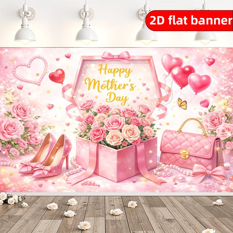 2D flat Mother's Day party decoration banner background fabric elegant pink rose bouquet with heart-shaped balloons and various