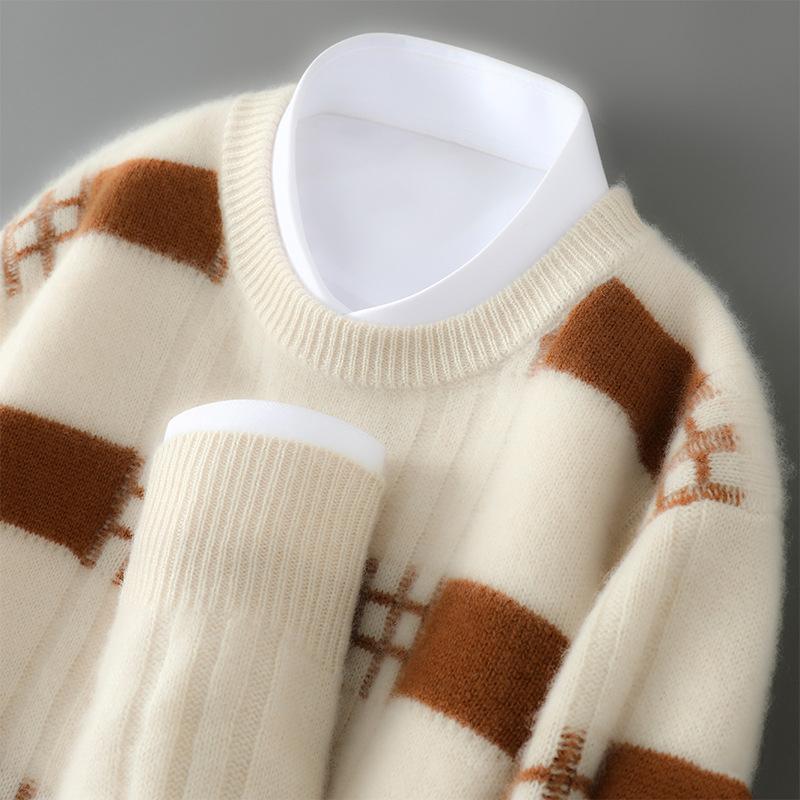 Round Neck Color-blocking Striped Cardigan Men's Autumn and Winter Fashion Versatile Cashmere Knitted Base Shirt Comfortable and Warm Sweater