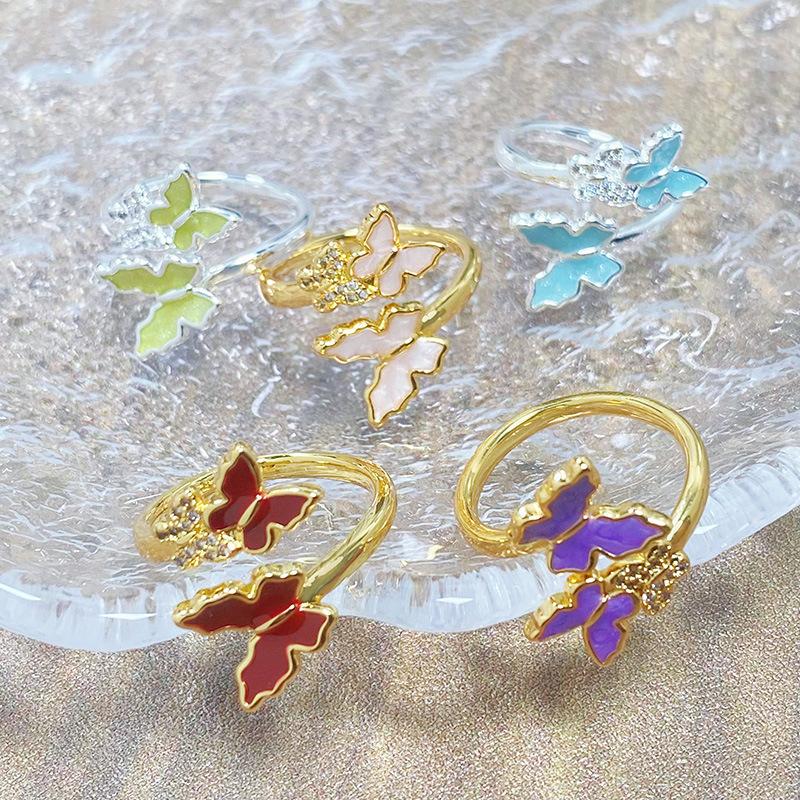 Retro Enamel Oil Butterfly Series Open Ring Women'S Western Regions Unique Niche Stacked Ring