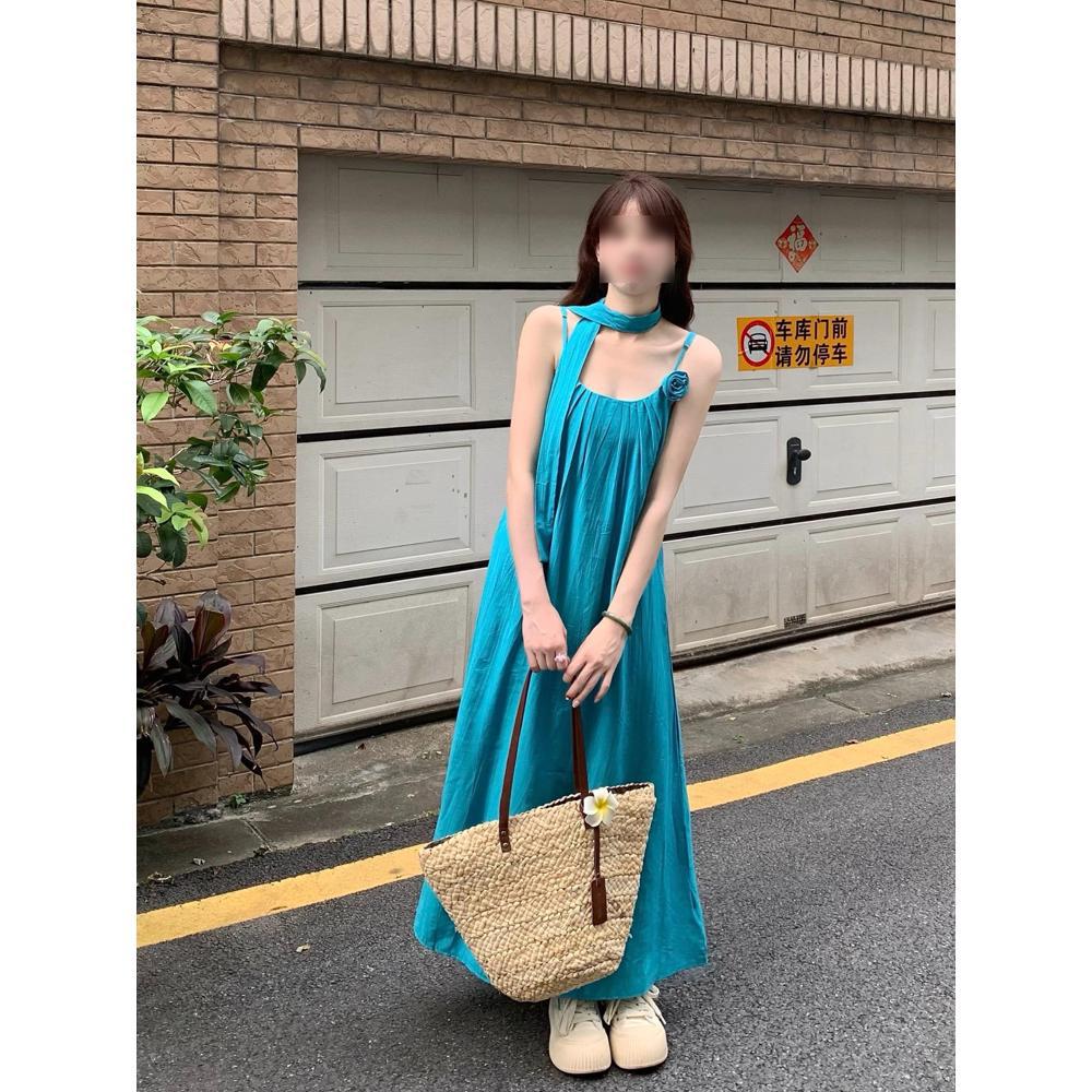 Women's Summer Beautiful Beautiful Long Dress New Small Temperament Seaside Vacation Blue Suspender Dress Casual