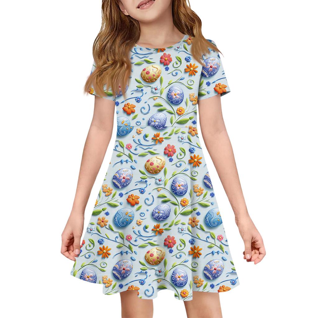 Girl Summer Dress Color & Print Short Sleeve Dress With Pocket Casual Dress Shorts Sleeve Party Dress Easter Day