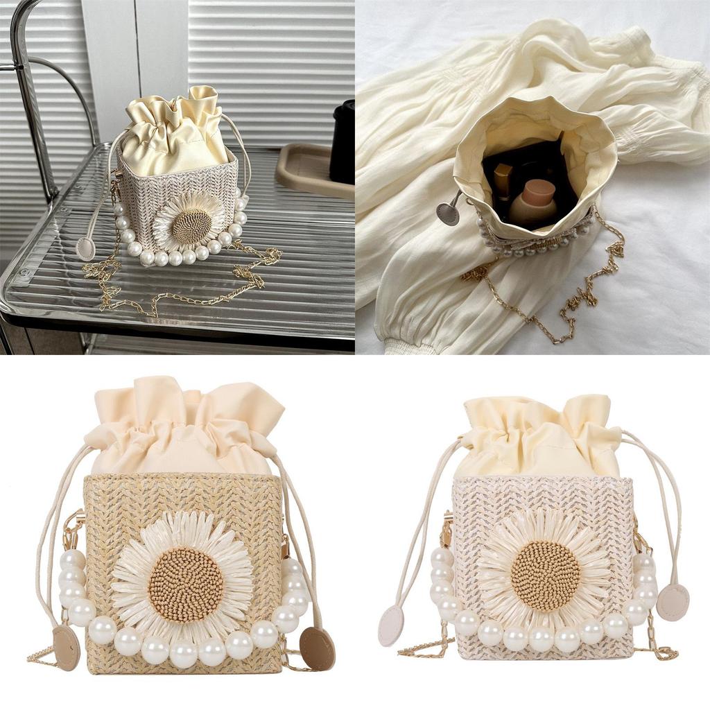 Woven Pearl Chain Shoulder Bag For Women With Drawstring Closure And Mobile Pocket