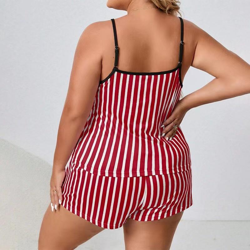 Zestaw piżamowy dla kobiet w paski w dużych rozmiarach, bez rękawów, z okrągłym dekoltem i elastycznymi szortami w pasie, z nadrukiem w kształcie serca, 2 sztuki, damska bielizna nocna
