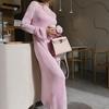LYRIA Spring Autumn O-Neck Elastic Knit Long Dresses Women Elegant Chic Soft Lady Hollowing Sweater Dresses Femme New
