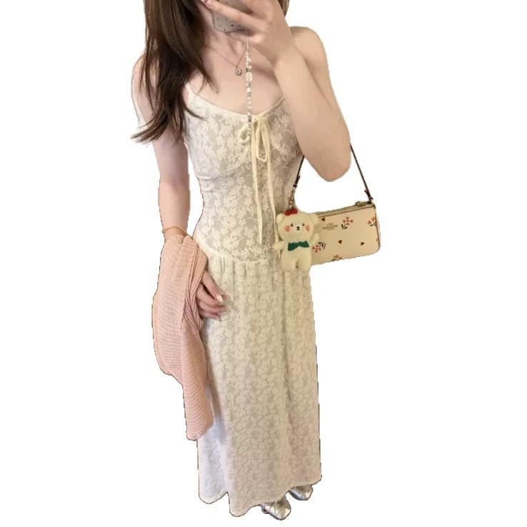 White French Summer Tea Break U-neck Floral Suspender Dress Female Princess On the Run Sweet Temperament Waist Dress