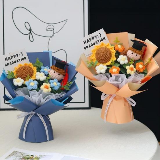 Handmade Crochet Flower Bouquet Completed Knitted Sunflower Puff Flower Doll Graduation Bouquet Teacher Appreciation Gifts for Grad Party Favors