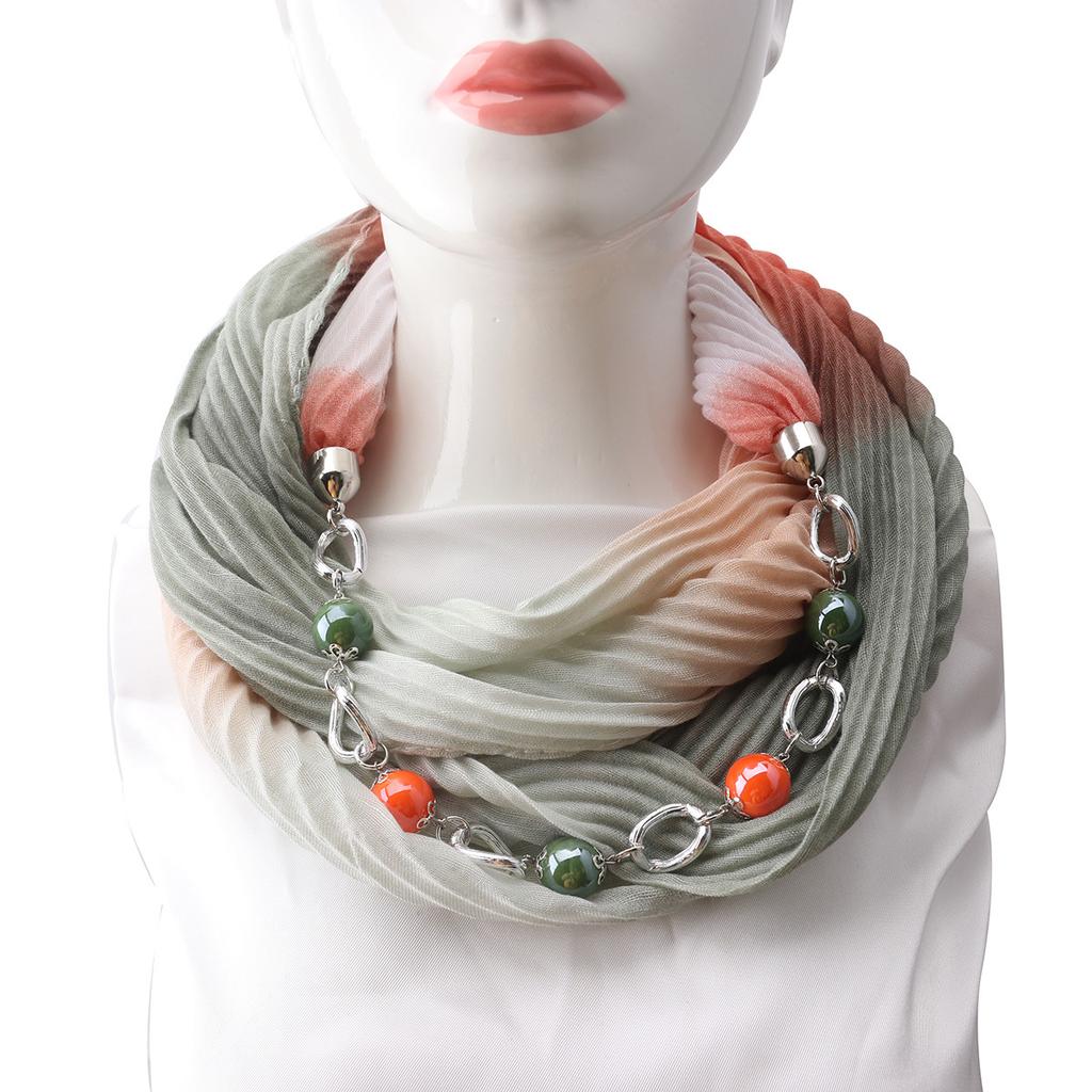 Stylish Cotton Linen Infinity Scarf with Beaded Chain Necklace – Women’s Gradient Color Scarf for Boho & Casual Fashion