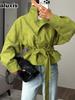 Women's Spring New Fashion Stand Collar Belted Short Jacket for Petite Size