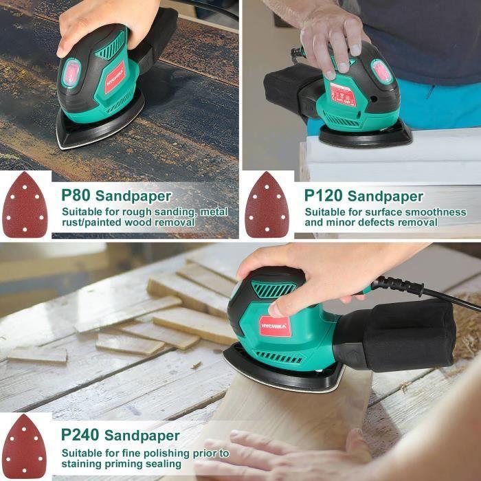 Ponceuse Vibrante - HYCHIKA - 200W - 14000RPM - 12PCS Feuilles Abrasifs - Collecte de Poussière