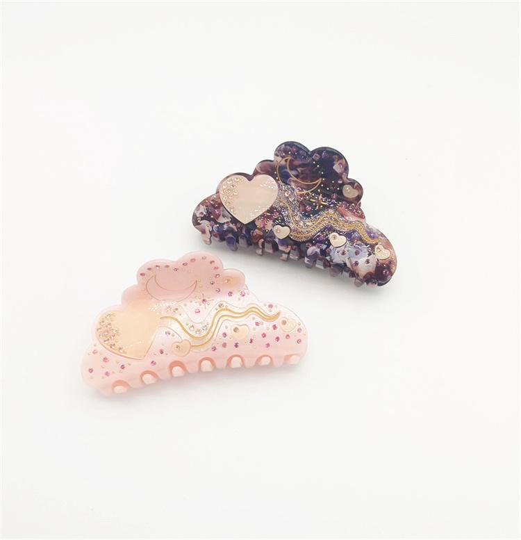 Unique Desgin Medium Size Acetic Acid Heart and Cloud Hair Claw Clips Rhinestone Hotfix Glitter Hair Clamps