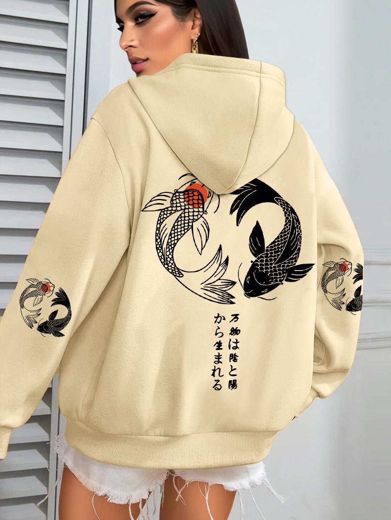 

Japanese Koi Harajuku Illustration Prints Women Hoodie Loose Y2K Hoody Multicolor Autumn Hoodies Fleece Soft Woman Sportswear 3XL