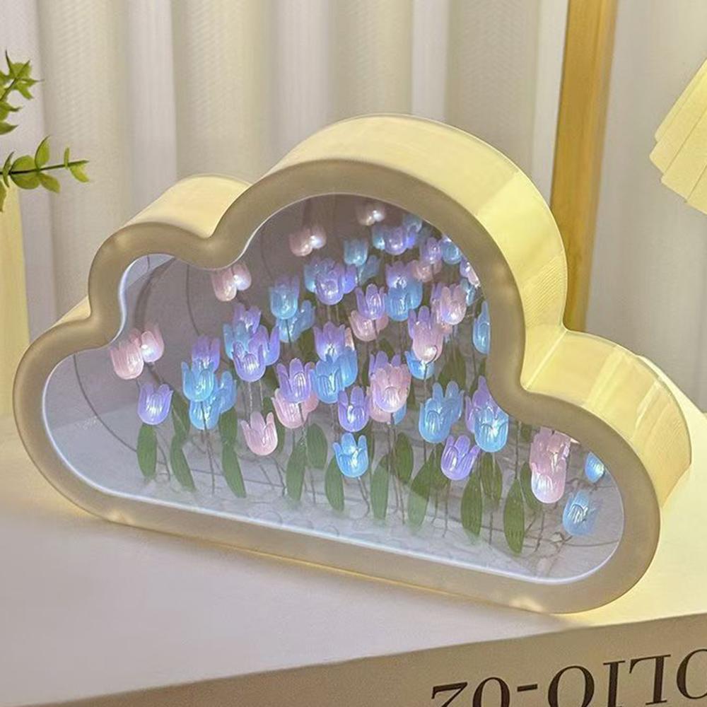 

DIY Handmade Cloud Tulip Night Light Mirror Atmosphere Light Desktop Ornament,Battery Operated Multi-color