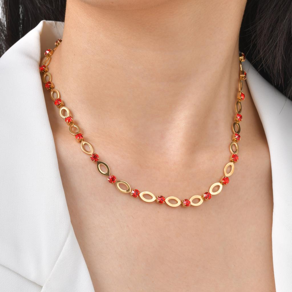 18K Gold Plated Stainless Steel Rhinestone Hollow Oval Handmade Chain Necklace, Luxury Sparkling Jewelry Women 2261