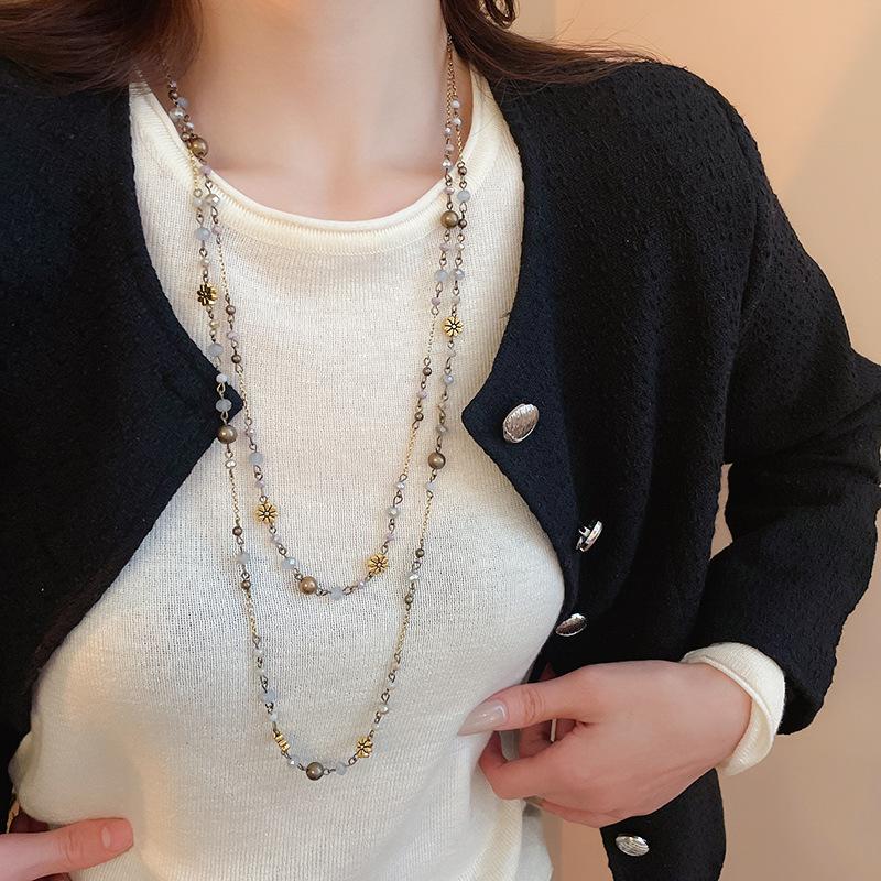 1 Pezzo Nuovo Fiore Vetro Perline Doppio Strato Impilabili Catene Collane per Donne Temperamento Vintage Maglione Gioielli Moda di Alta Gamma