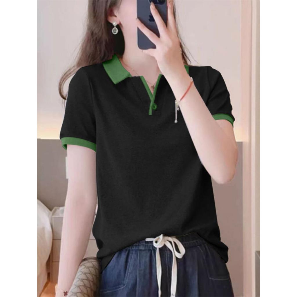 Lapel short sleeve t-shirt women's summer color block polo shirt top