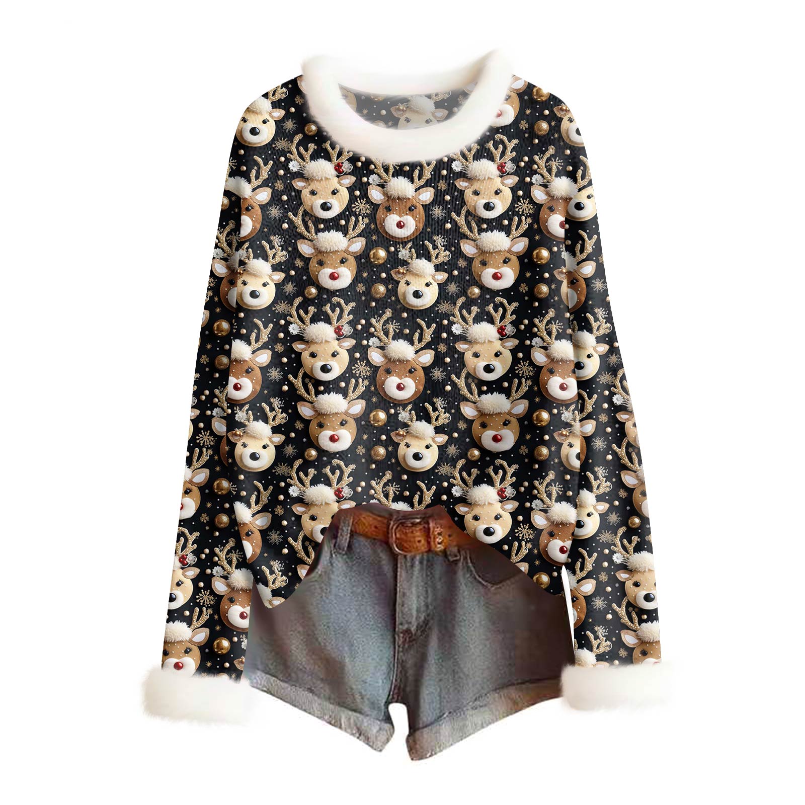

Женский модный свитер с рождественским принтом и шерстяным воротником, повседневный вязаный пуловер с длинными рукавами L