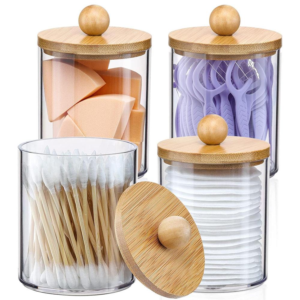 Qtip Holder Dispenser with Bamboo Lids,Clear Plastic Containers for Vanity Makeup Organizer Storage,Cotton Swab,Ball,Pads,Floss