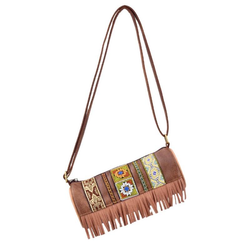 Minority Cylinder Bag Girls Crossbody Bag Ethnic Style PU Embroidery Cylinder Bag Retro All-in-one Fringe Shoulder Bag
