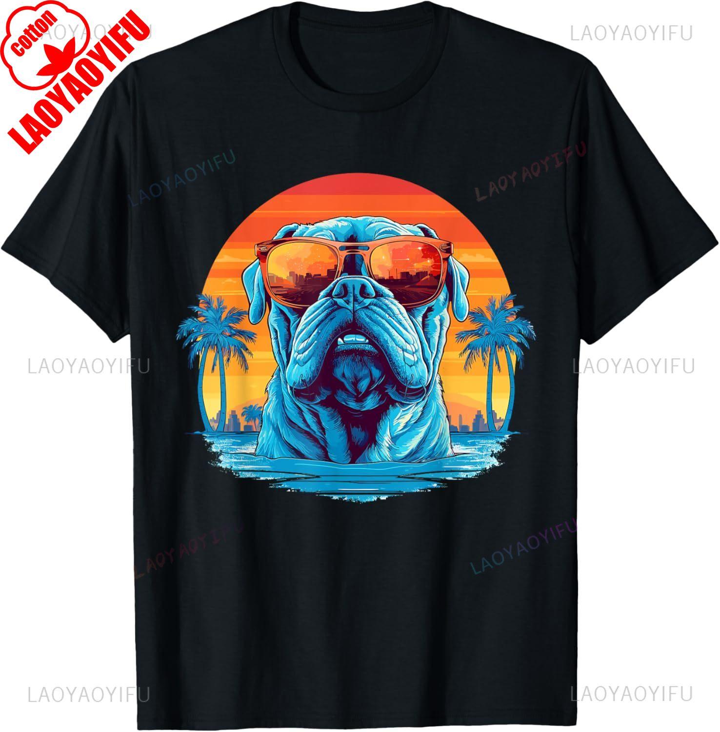 English Bulldog with Sunglasses Graphic TShirt Classic Funny Streetwear Fashion Tops Men Women Summer Sunshine Cotton Tee S