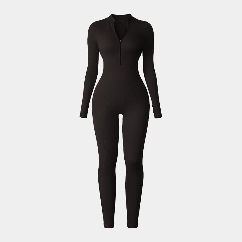 European-Style One-Piece Sport Jumpsuit for Women with Zipper, Stand Collar, Long Sleeves, Thumb Holes, Hip Lifting, and Tummy Control