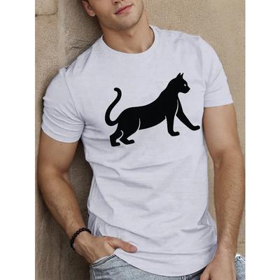 Herren Sommer T-Shirt mit der Silhouette einer sich streckenden Katze, Rundhalsausschnitt, Lockerer Schnitt, Oversized, Cool, Lässig und Modisch