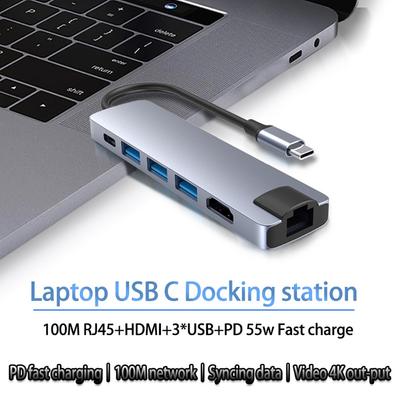 6 em 1 USB C HUB Docking Converter USB 3.0 4K HDMI-compatível Tipo-C 55W PD Adaptador de carregamento RJ45 Multi USB Station