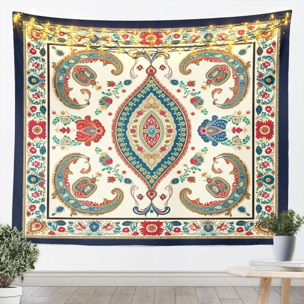 Floral Wall Hanging Bohemian Vintage Lace Damask Art Tapestry Beige Blue Flowers Orange Plaid Microfiber Polyester Tapestries