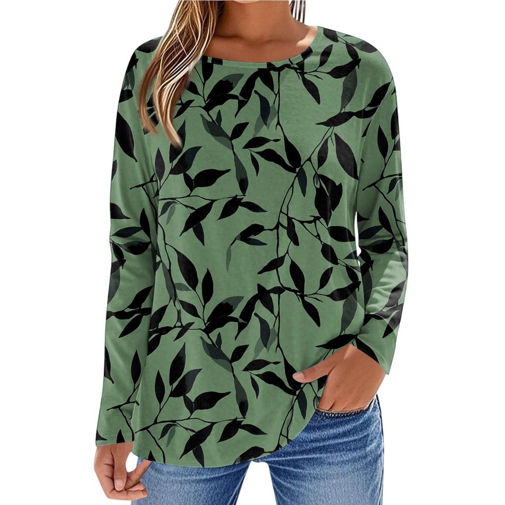 Women's Fashionable Casual Printed Long Sleeved Round Neck Top Round Neck Top Top