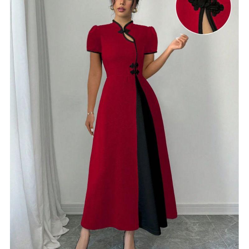 

European and American Women Elegant Bubble Color Matching Button Sleeve Retro Stand Collar Design Sense New Chinese Style Dress Brick Red XL